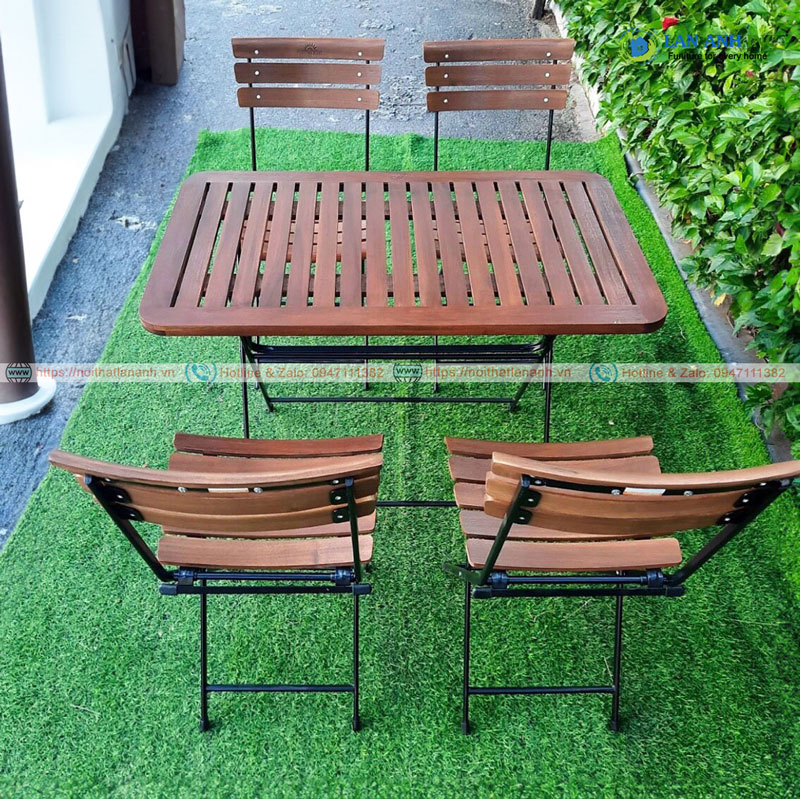 Bộ bàn ghế cafe 4 ghế gỗ chân sắt patio 02