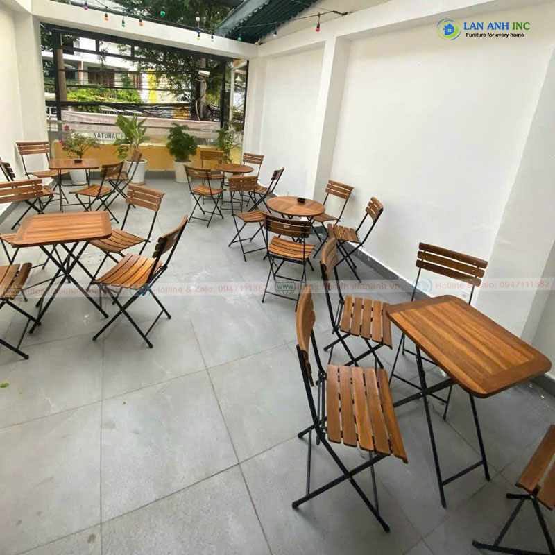Bộ bàn cafe xếp gọn ngoài trời gỗ chân sắt cao đẹp BBCF22-hình ảnh thực tế
