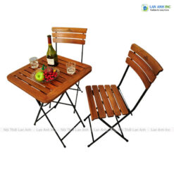 Bộ bàn cafe vuông gỗ nan chân sắt 2 ghế patio02 1 bàn patio02