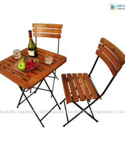 Bộ bàn cafe vuông gỗ nan chân sắt 2 ghế patio02 1 bàn patio02