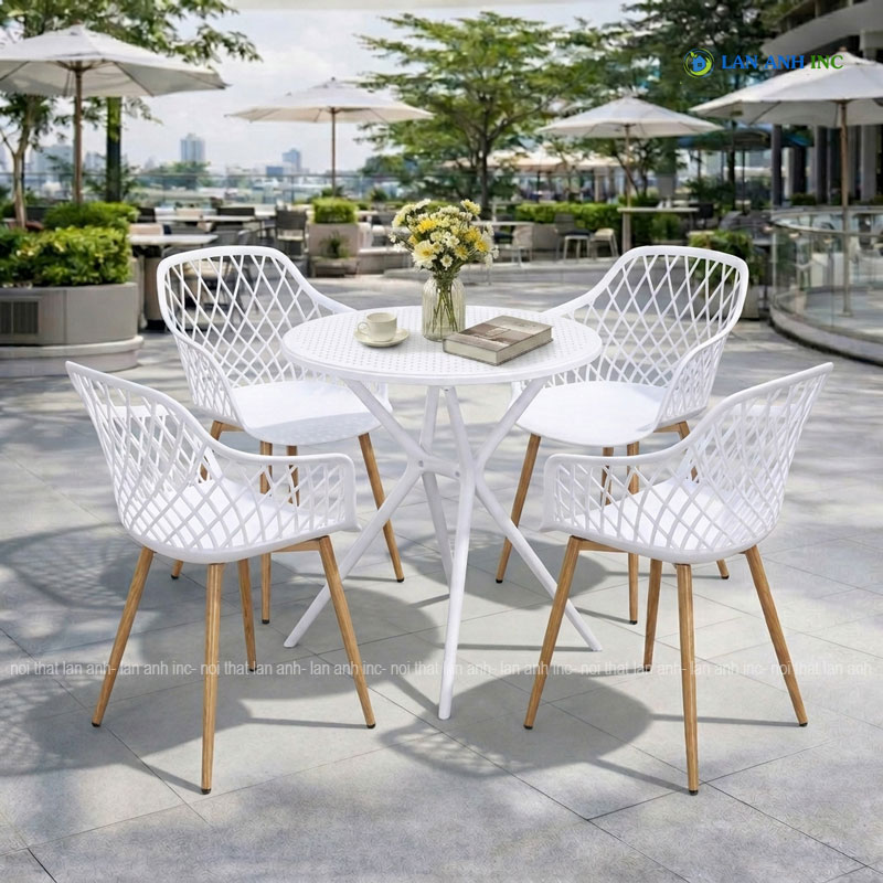 Bộ bàn ghế cafe tròn 4 ghế nhựa đúc nguyên khối đẹp hiện đại bộ màu trắng