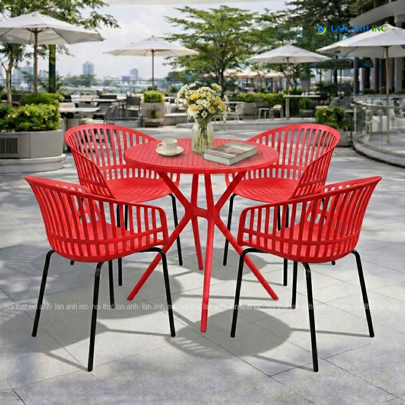 Bộ bàn ghế cafe nhựa tròn 4 ghế nhựa chân sắt ngoài trời đẹp BBCF80 Bộ bàn ghế cafe nhựa tròn 4 ghế nhựa chân sắt ngoài trời đẹp BBCF80