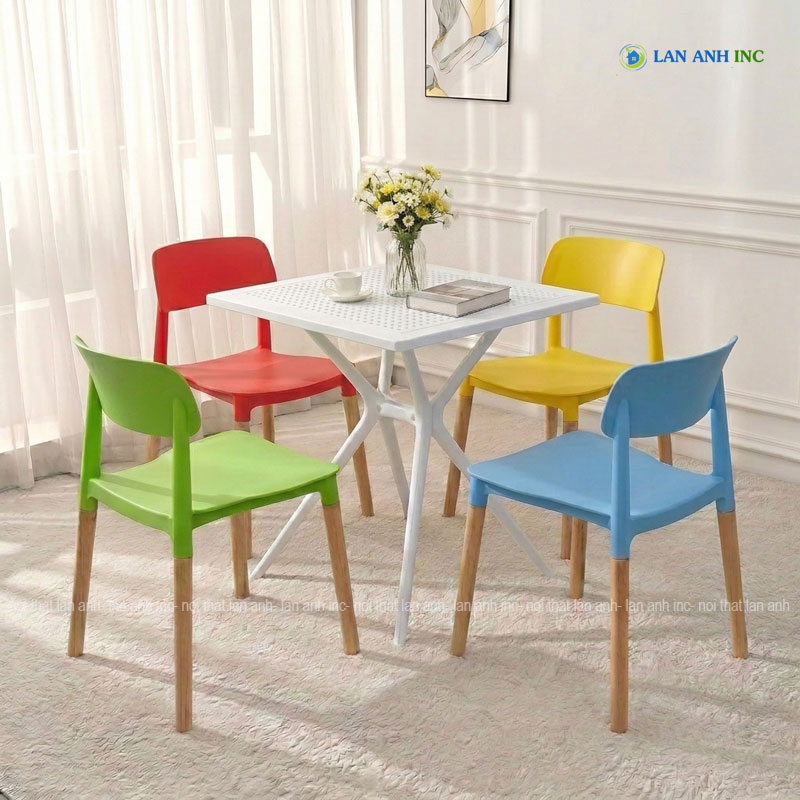 Bộ bàn ghế cafe nhựa vuông 4 ghế nhựa chân gỗ đẹp hiện đại BBCF85 Bộ bàn ghế cafe nhựa vuông 4 ghế nhựa chân gỗ đẹp hiện đại BBCF85