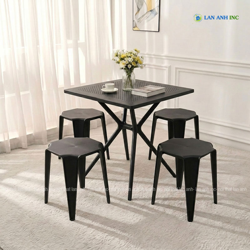 Bộ bàn ghế cafe vuông 4 ghế đôn nhựa đúc đẹp hiện đại BBCF54 Bộ bàn ghế cafe vuông 4 ghế đôn nhựa đúc đẹp hiện đại BBCF54