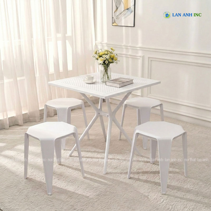 Bộ bàn ghế cafe vuông 4 ghế đôn nhựa đúc đẹp hiện đại BBCF54 màu trắng. Bộ bàn ghế cafe vuông 4 ghế đôn nhựa đúc đẹp hiện đại BBCF54 màu trắng.