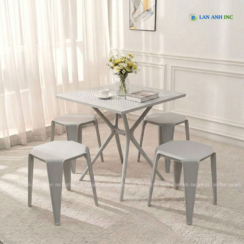 Bộ bàn ghế cafe vuông 4 ghế đôn nhựa đúc đẹp hiện đại BBCF54 màu xám Bộ bàn ghế cafe vuông 4 ghế đôn nhựa đúc đẹp hiện đại BBCF54 màu xám