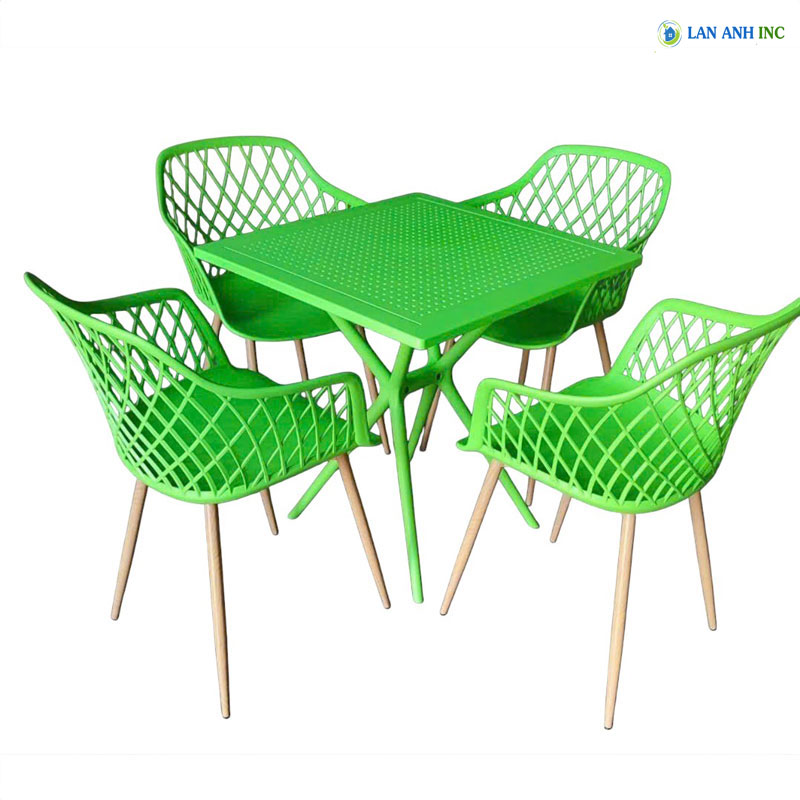 Bộ bàn ghế cafe vuông 4 ghế nhựa chân sắt ngoài trời BBCF64 đẹp hiện đại.