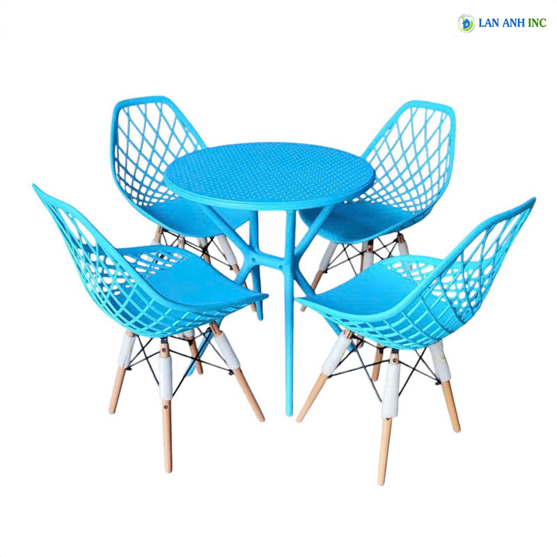 Bộ bàn ghế cafe tròn 4 ghế nhựa chân gỗ phong cách Bắc Âu hiện đại.