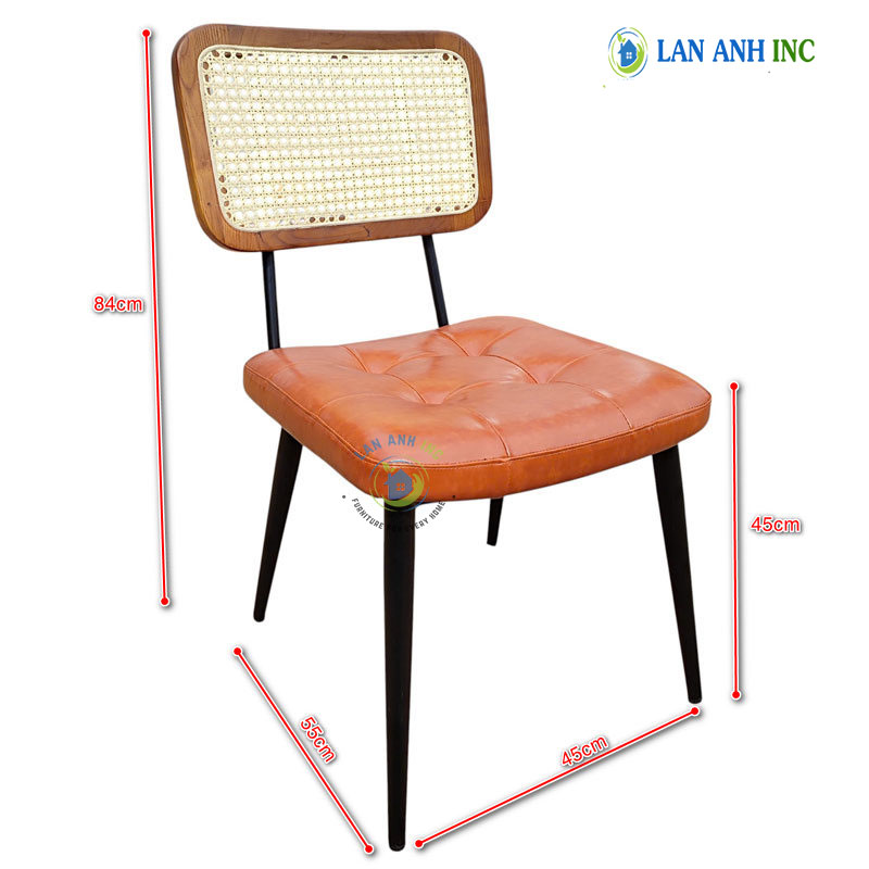 Kích thước ghế tựa lưng mắt cáo mặt nệm chân sắt cafe nhà hàng LASK26