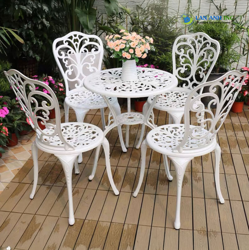 Bộ bàn ghế màu trắng nhôm đúc cafe nhà hàng cao cấp AV1A Bộ bàn ghế màu trắng nhôm đúc cafe nhà hàng cao cấp AV1A