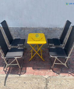 Bộ bàn ghế cafe xếp gọn 4 ghế inox lưới lò xo khung to lưng cao BBGX03