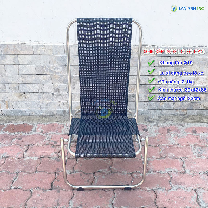 Ghế xếp inox cafe câu cá dã ngoại ngoài trời vải lưới lưng cao khung lớn