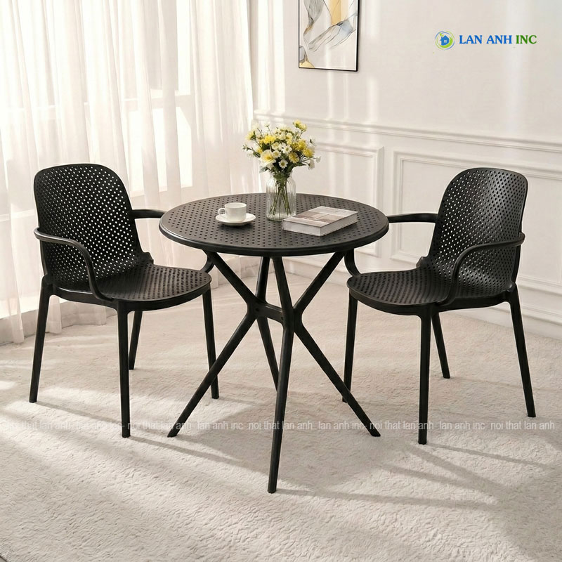 Bộ bàn ghế cafe tròn 2 ghế nhựa đúc nguyên khối đẹp hiện đại BBCF184 bộ màu đen Bộ bàn ghế cafe tròn 2 ghế nhựa đúc nguyên khối đẹp hiện đại BBCF184 bộ màu đen