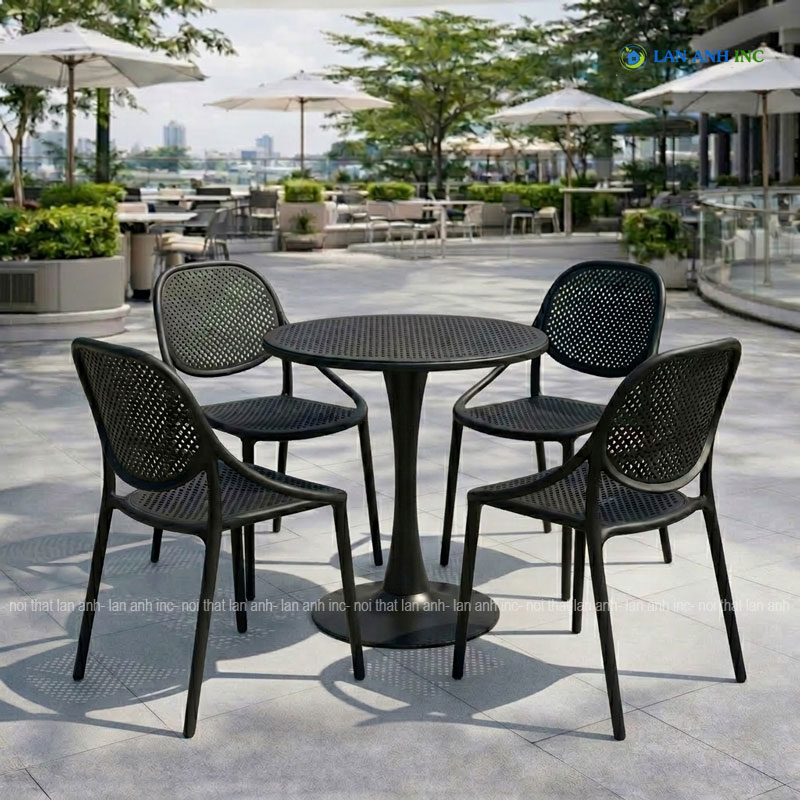 Bộ bàn ghế cafe tròn 4 ghế nhựa đúc nguyên khối đẹp hiện đại BBCF235 bộ màu đen Bộ bàn ghế cafe tròn 4 ghế nhựa đúc nguyên khối đẹp hiện đại BBCF235 bộ màu đen